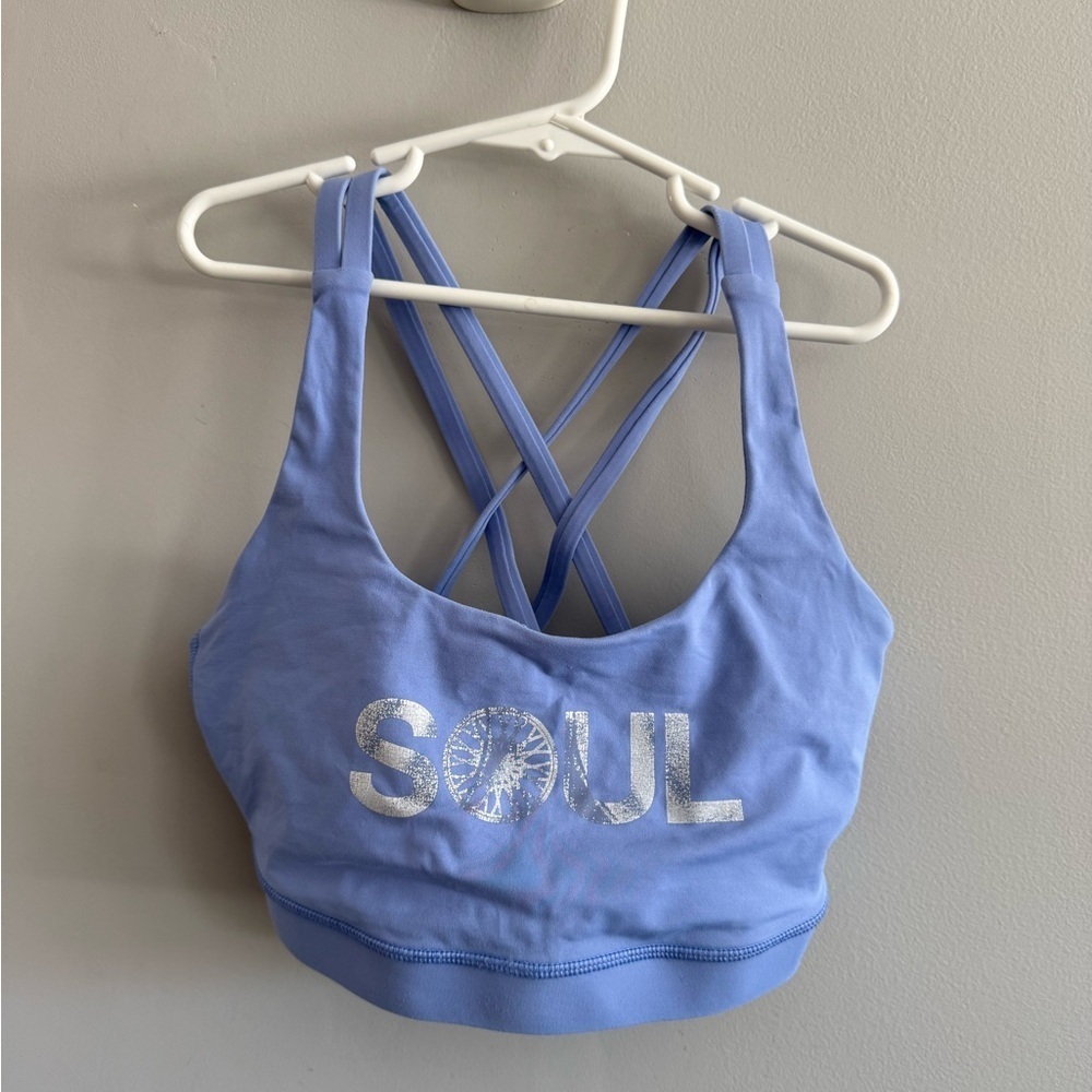 Lululemon Blue Strappy Back Sports Bra SOUL Graphic Cross Back